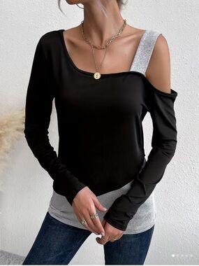 Source Unknown Black & Gray One-Shoulder Layered Long-Sleeve Top